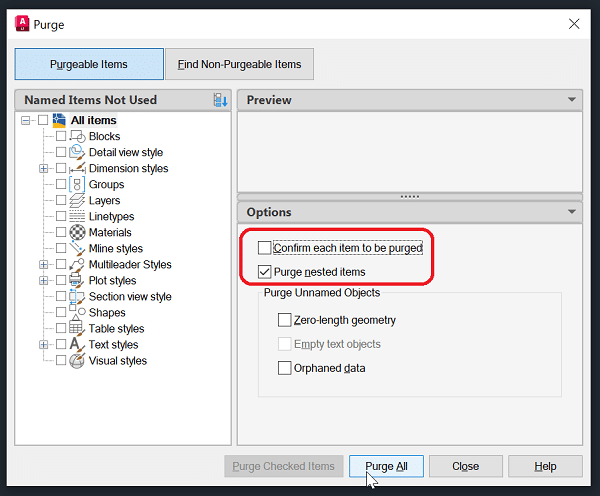חלון הפקודה PURGE באוטוקאד – ניקוי שכבות, בלוקים ונתונים שלא בשימוש בקובץ